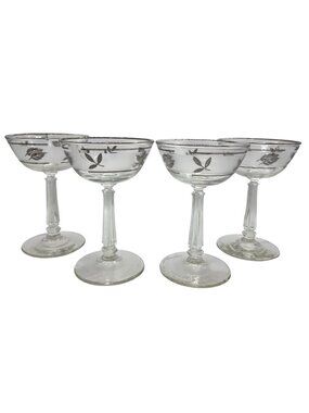 MCM Libbey Silver Foliage Champagne Coupes Cocktail Stemmed Glasses Set of 4